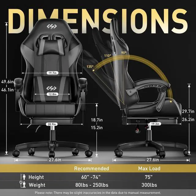 Alt view image 3 of 7 - Gaming Chair, Ergonomic Computer Office Chair with Lumbar Support Footrest Headrest, Adjustable Height & Backrest Angle Video Gamer Chair, PU Leather, 360° Swivel, Adult (Black&Grey)