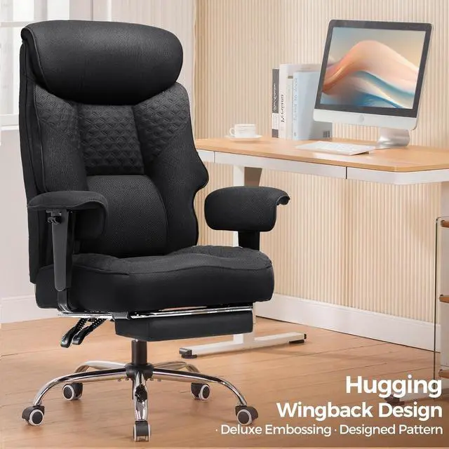 Alt view image 4 of 7 - Big and Tall Office Chair, High Back Computer Gaming Chair with Ergonomic Lumbar Support &Pocket Spring Cushion for Lower Back Pain Relief, Fabric Executive Chair with Foot Rest, Black