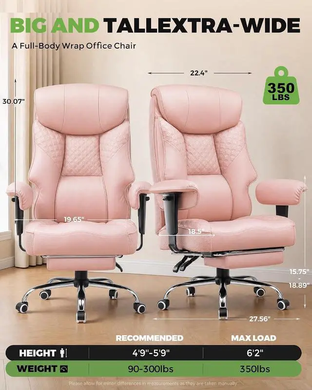 Alt view image 2 of 7 - Big and Tall Office Chair, High Back Computer Gaming Chair with Ergonomic Lumbar Support &Pocket Spring Cushion for Lower Back Pain Relief, Leather Executive Chair with Foot Rest, Pink