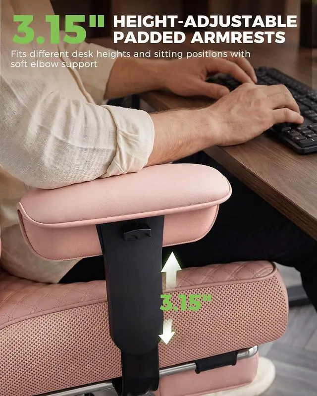 Alt view image 6 of 7 - Big and Tall Office Chair, High Back Computer Gaming Chair with Ergonomic Lumbar Support &Pocket Spring Cushion for Lower Back Pain Relief, Leather Executive Chair with Foot Rest, Pink