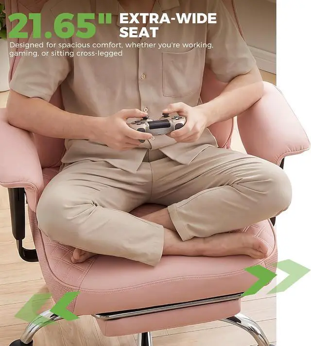 Alt view image 3 of 7 - Big and Tall Office Chair, High Back Computer Gaming Chair with Ergonomic Lumbar Support &Pocket Spring Cushion for Lower Back Pain Relief, Leather Executive Chair with Foot Rest, Pink