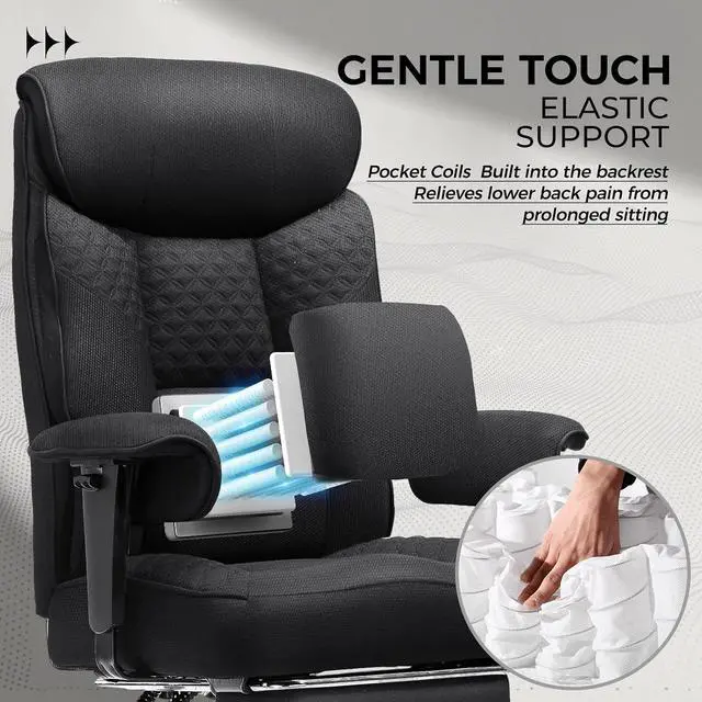 Alt view image 7 of 7 - Big and Tall Office Chair, High Back Computer Gaming Chair with Ergonomic Lumbar Support &Pocket Spring Cushion for Lower Back Pain Relief, Fabric Executive Chair with Foot Rest, Black