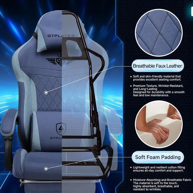 Alt view image 6 of 7 - Gaming Chair, Video Game Chairs with Footrest and Lumbar Support, Computer Chair for Adults with Extended Backrest, Ergonomic Reclining Silla Gamer, Fabric, Dark Blue
