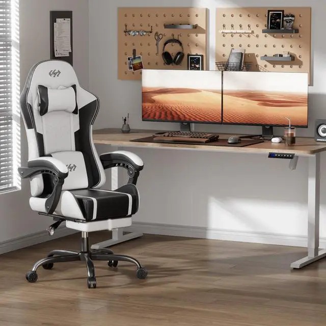 Alt view image 2 of 7 - Gaming Chair, Ergonomic Video Game Seat with 360° Swivel & Lumbar Massage, Computer Chair PU Leather Cushion for Adults Home/Office Use (Black & White)