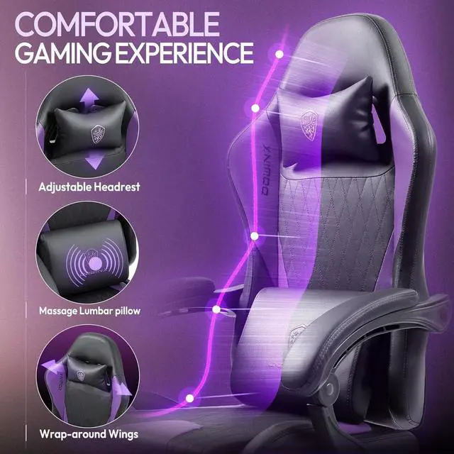 Alt view image 7 of 7 - Gaming Chair with Massage Lumbar Support and Footrest, Video Game Chair for Adults, Adjustable Ergonomic Gamer Chairs High Back with Pocket Spring Cushion, Swivel Recliner with Headrest, Purple