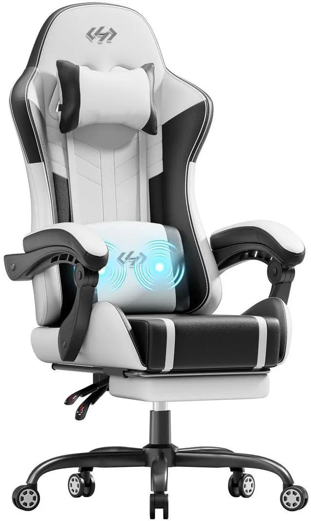 Main image of Gaming Chair, Ergonomic Video Game Seat with 360° Swivel & Lumbar Massage, Computer Chair PU Leather Cushion for Adults Home/Office Use (Black & White)