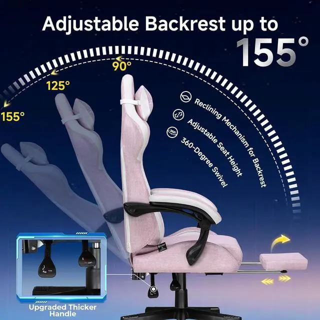 Alt view image 4 of 7 - Gaming Chair, Video Game Chairs with Footrest and Lumbar Support, Computer Chair for Adults with Extended Backrest, Ergonomic Reclining Silla Gamer, Linen Fabric, Pink