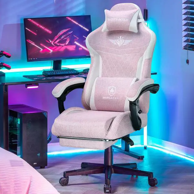 Alt view image 2 of 7 - Gaming Chair, Video Game Chairs with Footrest and Lumbar Support, Computer Chair for Adults with Extended Backrest, Ergonomic Reclining Silla Gamer, Linen Fabric, Pink