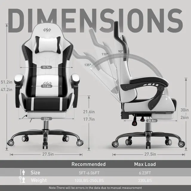 Alt view image 3 of 7 - Gaming Chair, Ergonomic Video Game Seat with 360° Swivel & Lumbar Massage, Computer Chair PU Leather Cushion for Adults Home/Office Use (Black & White)