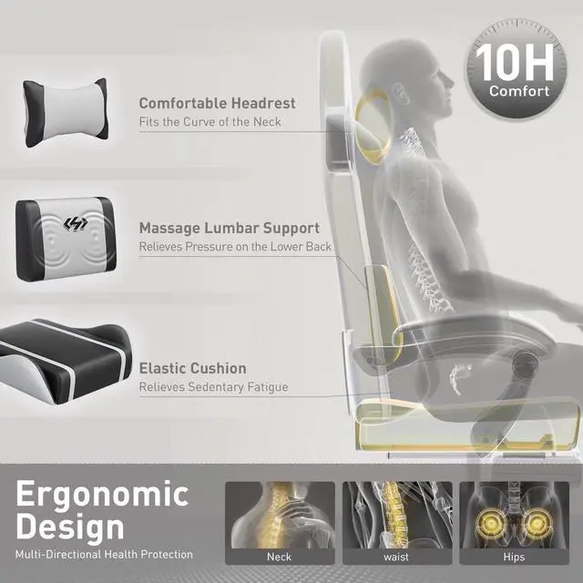 Alt view image 4 of 7 - Gaming Chair, Ergonomic Video Game Seat with 360° Swivel & Lumbar Massage, Computer Chair PU Leather Cushion for Adults Home/Office Use (Black & White)