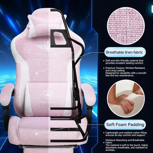 Alt view image 6 of 7 - Gaming Chair, Video Game Chairs with Footrest and Lumbar Support, Computer Chair for Adults with Extended Backrest, Ergonomic Reclining Silla Gamer, Linen Fabric, Pink