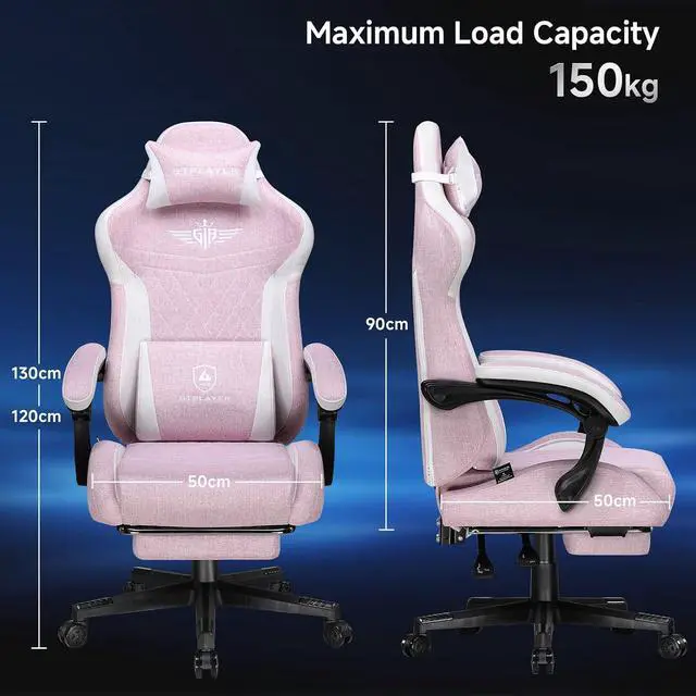 Alt view image 3 of 7 - Gaming Chair, Video Game Chairs with Footrest and Lumbar Support, Computer Chair for Adults with Extended Backrest, Ergonomic Reclining Silla Gamer, Linen Fabric, Pink