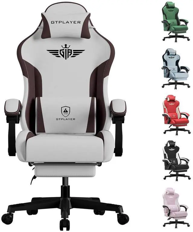 Main image of Gaming Chair, Computer Office Chair Lumbar Support, Linkage Armrests and Footrest, Ergonomic Game Chair for Adults with Extended Backrest, Fabric, Brown
