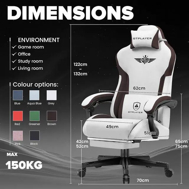 Alt view image 3 of 7 - Gaming Chair, Computer Office Chair Lumbar Support, Linkage Armrests and Footrest, Ergonomic Game Chair for Adults with Extended Backrest, Fabric, Brown