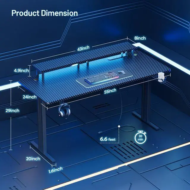 Alt view image 3 of 7 - 55 Inch Gaming Desk with 5 Sockets & LED Lights, Computer Gamer Desk with Monitor Stand, Ergonomic Carbon Fiber Gaming Table Home Office Desk with Cup Holder, Headphone Hook & Mouse Pad