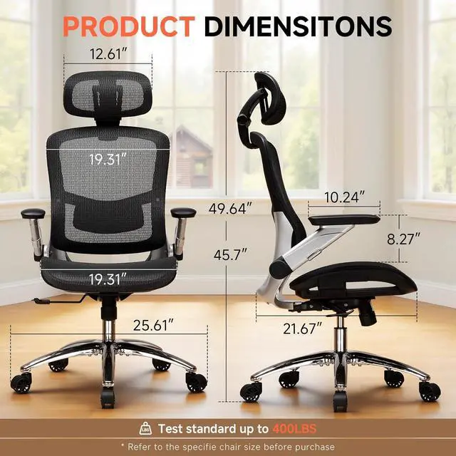 Alt view image 2 of 7 - Big and Tall Ergonomic Mesh Office Chair, High Back Home Desk Chair Computer Gaming Chair with Headrest, Flip-Up Arms, 90-125° Tilt Lock and Wide Cushion, Task Chair for Man Woman-Deep Black