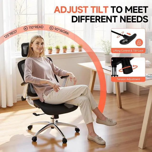Alt view image 6 of 7 - Big and Tall Ergonomic Mesh Office Chair, High Back Home Desk Chair Computer Gaming Chair with Headrest, Flip-Up Arms, 90-125° Tilt Lock and Wide Cushion, Task Chair for Man Woman-Deep Black