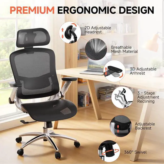 Alt view image 5 of 7 - Big and Tall Ergonomic Mesh Office Chair, High Back Home Desk Chair Computer Gaming Chair with Headrest, Flip-Up Arms, 90-125° Tilt Lock and Wide Cushion, Task Chair for Man Woman-Deep Black