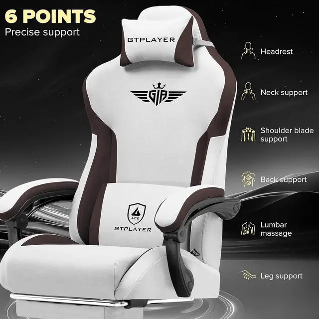 Alt view image 5 of 7 - Gaming Chair, Computer Office Chair Lumbar Support, Linkage Armrests and Footrest, Ergonomic Game Chair for Adults with Extended Backrest, Fabric, Brown