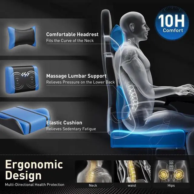 Alt view image 4 of 7 - Gaming Chair, Ergonomic Video Game Seat with 360° Swivel & Lumbar Massage, Computer Chair PU Leather Cushion for Adults Home/Office Use (Black & Blue)