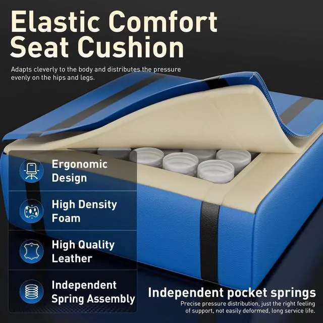 Alt view image 6 of 7 - Gaming Chair, Ergonomic Video Game Seat with 360° Swivel & Lumbar Massage, Computer Chair PU Leather Cushion for Adults Home/Office Use (Black & Blue)