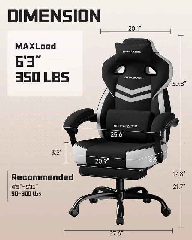 Alt view image 3 of 7 - Gaming Chairs for Adult - Ergonomic Big & Tall Gaming Seat with Footrest & Lumbar Support, Comfortable Office Chair 90-155° Reclining - Heavy Duty Wide Computer Seat, Black&White