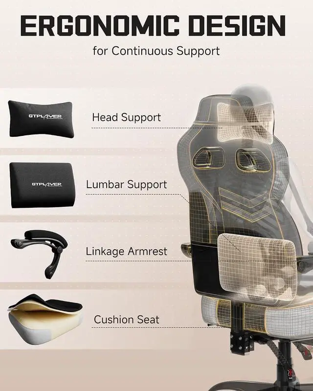 Alt view image 5 of 7 - Gaming Chairs for Adult - Ergonomic Big & Tall Gaming Seat with Footrest & Lumbar Support, Comfortable Office Chair 90-155° Reclining - Heavy Duty Wide Computer Seat, Black&White