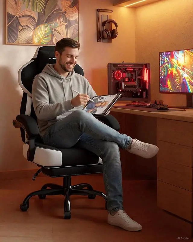 Alt view image 2 of 7 - Gaming Chairs for Adult - Ergonomic Big & Tall Gaming Seat with Footrest & Lumbar Support, Comfortable Office Chair 90-155° Reclining - Heavy Duty Wide Computer Seat, Black&White