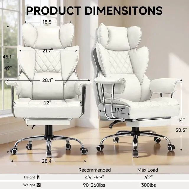 Alt view image 3 of 7 - Big and Tall Office Chair, High Back Leather Gaming Chair with Footrest, Executive Ergonomic Office Chairs with Pocket Spring Lumbar Support and with Outward Fixed Soft Armrests