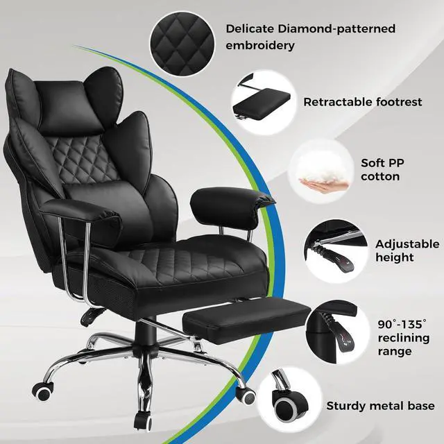 Alt view image 5 of 7 - Gaming Chair,Office Chair with Pocket Spring Lumbar Support, Ergonomic Comfortable Wide Office Desk Computer Chair with Outward Fixed Soft Armrests and Footrest (PU Leather, Black)