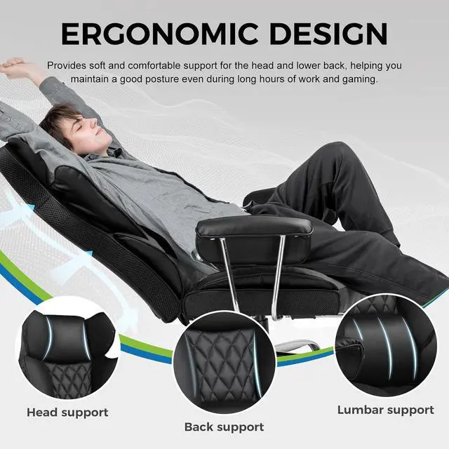 Alt view image 3 of 7 - Gaming Chair,Office Chair with Pocket Spring Lumbar Support, Ergonomic Comfortable Wide Office Desk Computer Chair with Outward Fixed Soft Armrests and Footrest (PU Leather, Black)