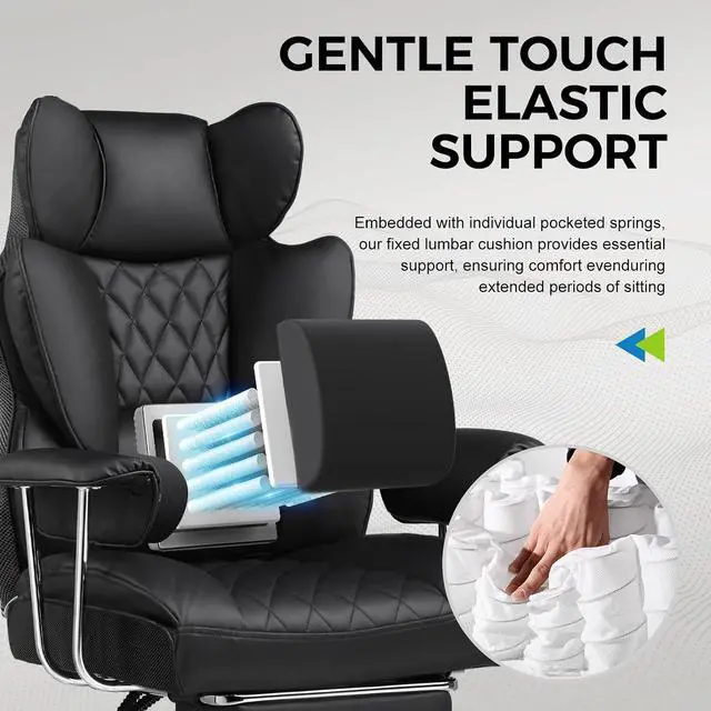 Alt view image 4 of 7 - Gaming Chair,Office Chair with Pocket Spring Lumbar Support, Ergonomic Comfortable Wide Office Desk Computer Chair with Outward Fixed Soft Armrests and Footrest (PU Leather, Black)