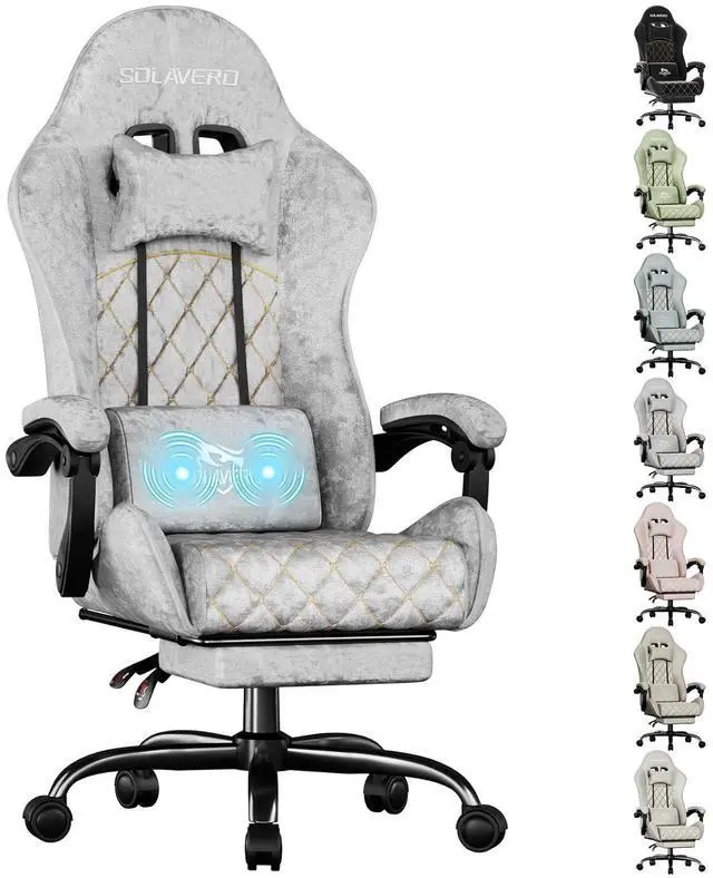 Main image of Massage Recliner Gaming Chair with Footrest for Adults Silver-Grey | 300lbs Capacity, Ergonomic Office Computer Chair, Lumbar Support, Breathable Fabric, Headrest, 360° Swivel, Metal Frame