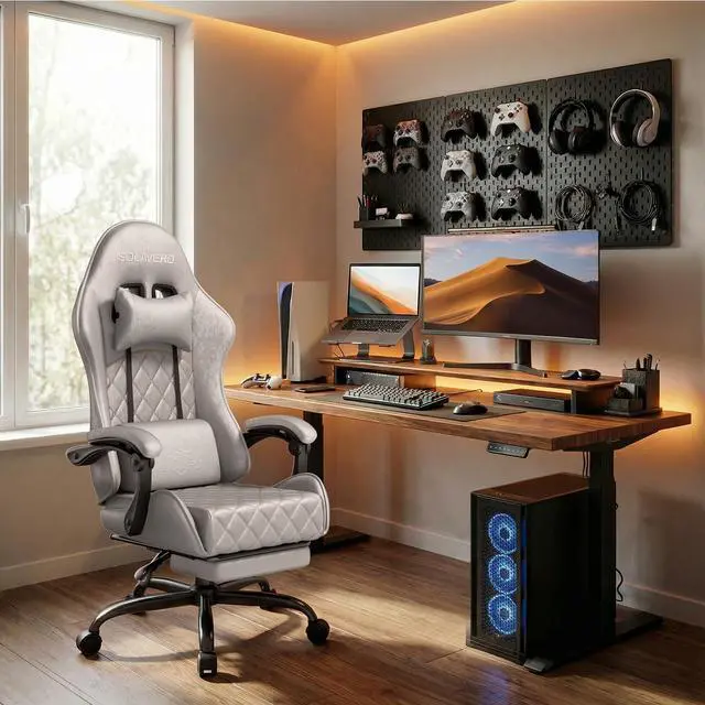 Alt view image 2 of 7 - Massage Recliner Gaming Chair with Footrest for Adults Silver-Grey | 300lbs Capacity, Ergonomic Office Computer Chair, Lumbar Support, Breathable Fabric, Headrest, 360° Swivel, Metal Frame
