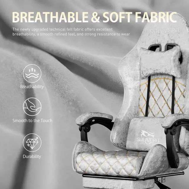 Alt view image 5 of 7 - Massage Recliner Gaming Chair with Footrest for Adults Silver-Grey | 300lbs Capacity, Ergonomic Office Computer Chair, Lumbar Support, Breathable Fabric, Headrest, 360° Swivel, Metal Frame