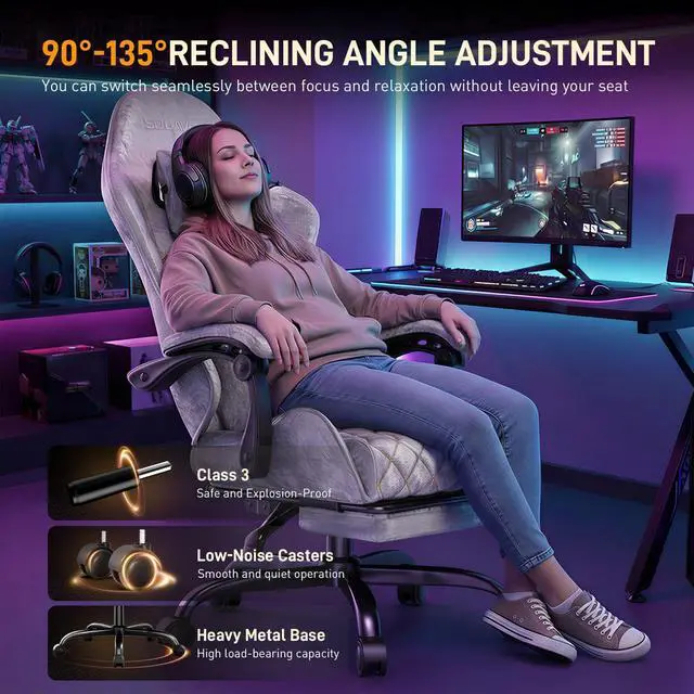 Alt view image 4 of 7 - Massage Recliner Gaming Chair with Footrest for Adults Silver-Grey | 300lbs Capacity, Ergonomic Office Computer Chair, Lumbar Support, Breathable Fabric, Headrest, 360° Swivel, Metal Frame