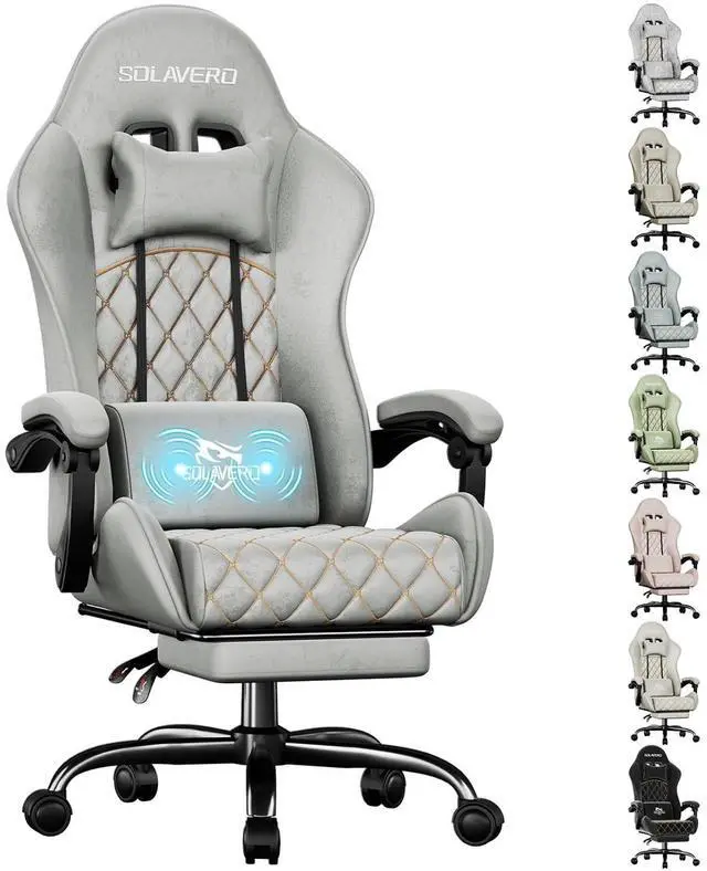 Main image of Massage Recliner Gaming Chair with Footrest for Adults, Light Grey | 300lbs Capacity, Ergonomic Office Computer Chair, Lumbar Support, Breathable Fabric, Headrest, 360° Swivel, Metal Frame