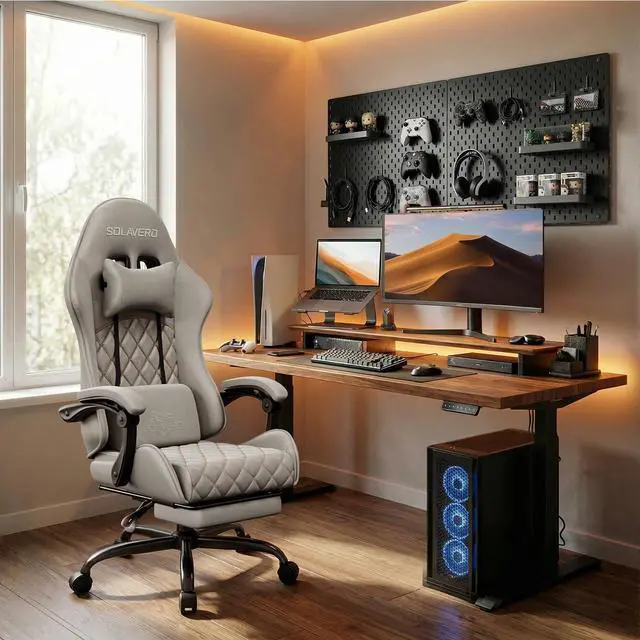 Alt view image 2 of 7 - Massage Recliner Gaming Chair with Footrest for Adults, Light Grey | 300lbs Capacity, Ergonomic Office Computer Chair, Lumbar Support, Breathable Fabric, Headrest, 360° Swivel, Metal Frame
