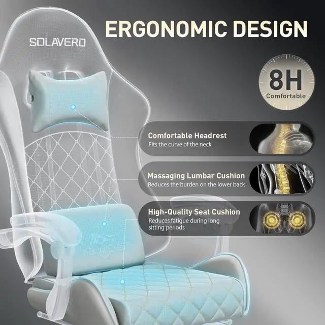 Alt view image 7 of 7 - Massage Recliner Gaming Chair with Footrest for Adults, Light Grey | 300lbs Capacity, Ergonomic Office Computer Chair, Lumbar Support, Breathable Fabric, Headrest, 360° Swivel, Metal Frame
