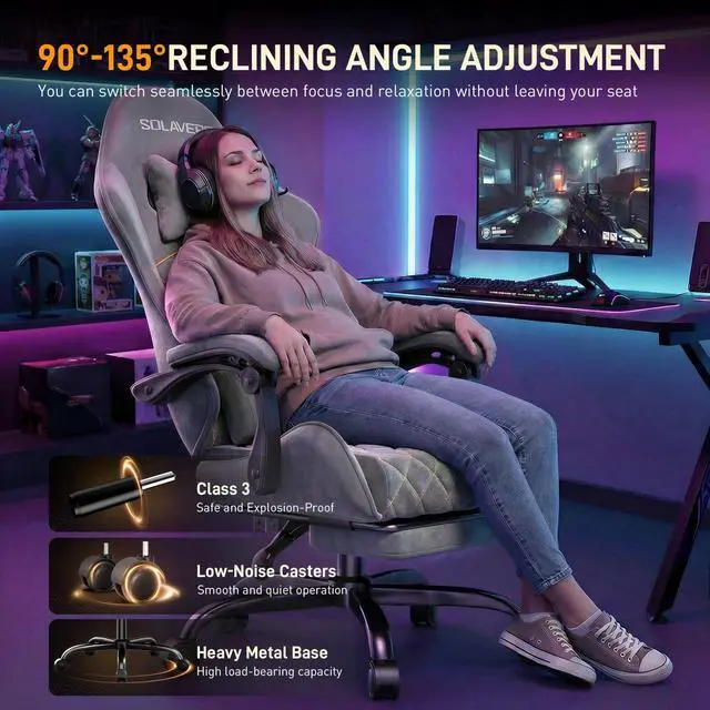 Alt view image 4 of 7 - Massage Recliner Gaming Chair with Footrest for Adults, Light Grey | 300lbs Capacity, Ergonomic Office Computer Chair, Lumbar Support, Breathable Fabric, Headrest, 360° Swivel, Metal Frame