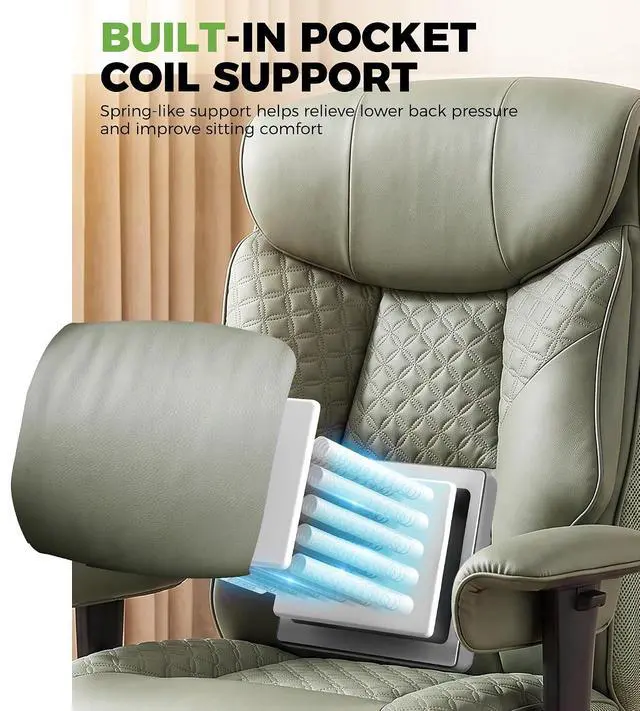 Alt view image 4 of 7 - Big and Tall Office Chair, High Back Computer Gaming Chair with Ergonomic Lumbar Support &Pocket Spring Cushion for Lower Back Pain Relief, Leather Executive Chair with Foot Rest, Green