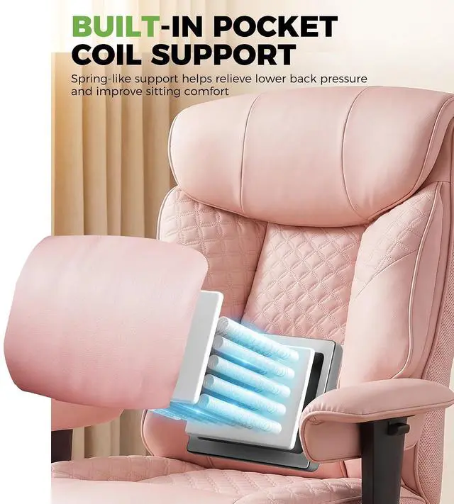 Alt view image 4 of 7 - Big and Tall Office Chair, High Back Computer Gaming Chair with Ergonomic Lumbar Support &Pocket Spring Cushion for Lower Back Pain Relief, Leather Executive Chair with Foot Rest, Pink