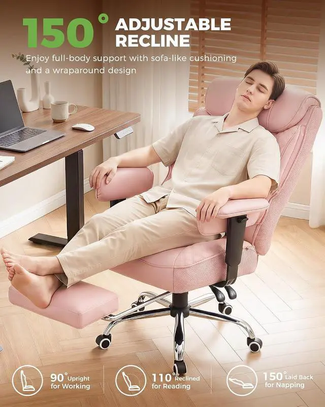 Alt view image 5 of 7 - Big and Tall Office Chair, High Back Computer Gaming Chair with Ergonomic Lumbar Support &Pocket Spring Cushion for Lower Back Pain Relief, Leather Executive Chair with Foot Rest, Pink