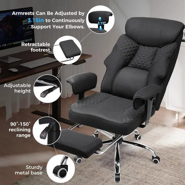 Alt view image 6 of 7 - Big and Tall Office Chair, High Back Computer Gaming Chair with Ergonomic Lumbar Support &Pocket Spring Cushion for Lower Back Pain Relief, Fabric Executive Chair with Foot Rest, Black
