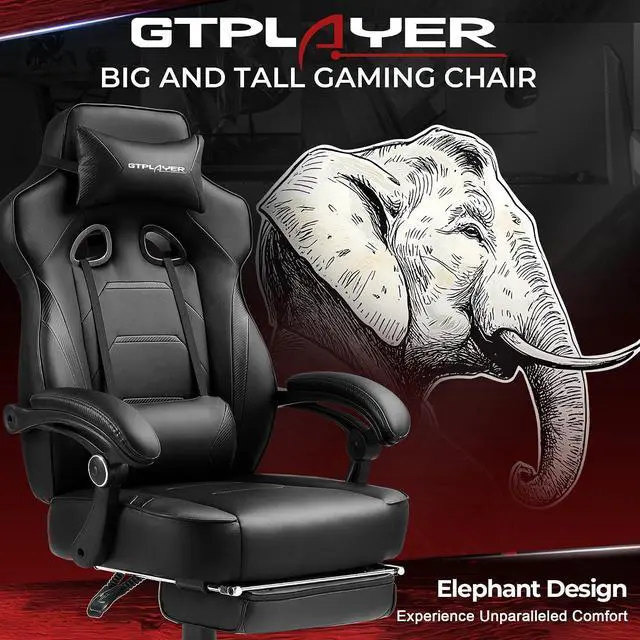 Alt view image 3 of 7 - Gaming Chair with Footrest, Big and Tall Computer Game Chair 350lb Racing Style, Ergonomic High Back Lumbar Support and Recliner, Black