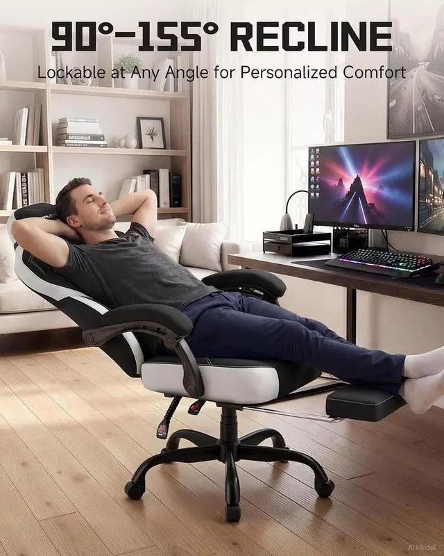 Alt view image 6 of 7 - Gaming Chairs for Adult - Ergonomic Big & Tall Gaming Seat with Footrest & Lumbar Support, Comfortable Office Chair 90-155° Reclining - Heavy Duty Wide Computer Seat, Black&White