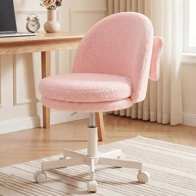 Main image of Vanity Chair with Wheels Velvet Tall Office Chair with Back,Armless Desk Chair Comfy Height Adjustable, Soft Lumbar Support for Girls Bedroom Home Vanity Bow Pillow for Gift Pink