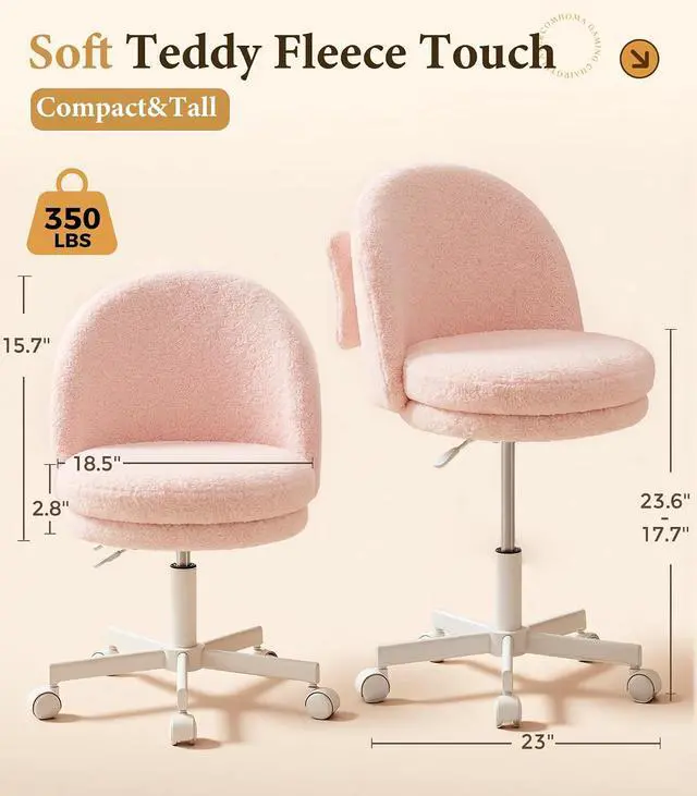 Alt view image 2 of 7 - Vanity Chair with Wheels Velvet Tall Office Chair with Back,Armless Desk Chair Comfy Height Adjustable, Soft Lumbar Support for Girls Bedroom Home Vanity Bow Pillow for Gift Pink
