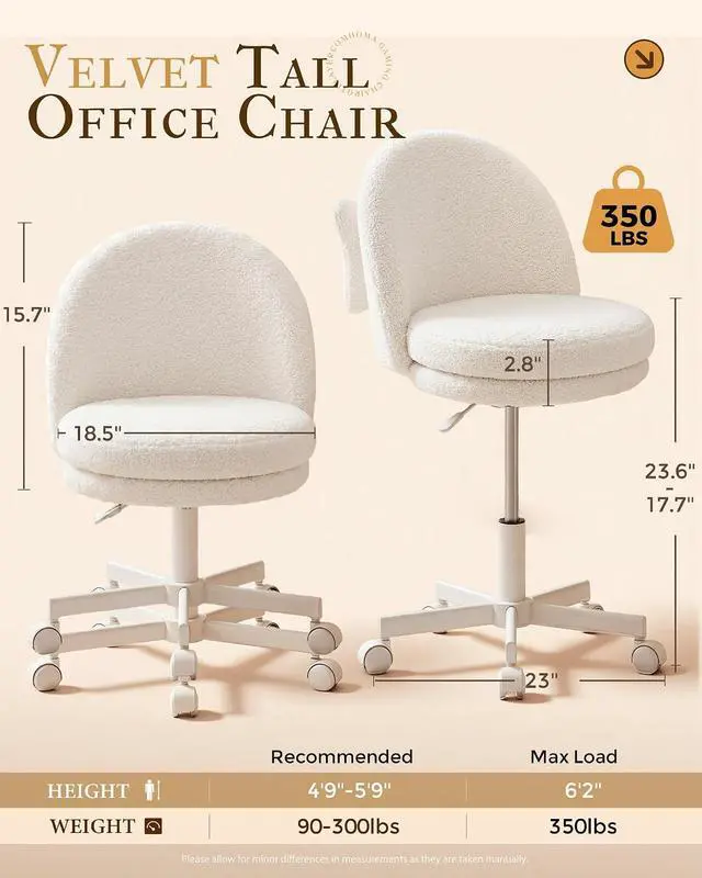 Alt view image 2 of 7 - Vanity Chair with Wheels Velvet Tall Office Chair with Back,Armless Desk Chair Comfy Height Adjustable, Soft Lumbar Support for Girls Bedroom Home Vanity Bow Pillow for Gift,White