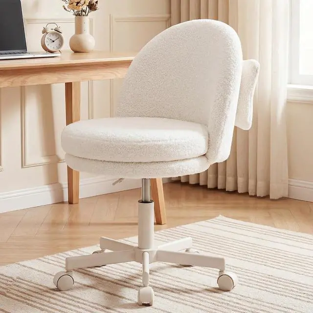 Main image of Vanity Chair with Wheels Velvet Tall Office Chair with Back,Armless Desk Chair Comfy Height Adjustable, Soft Lumbar Support for Girls Bedroom Home Vanity Bow Pillow for Gift,White